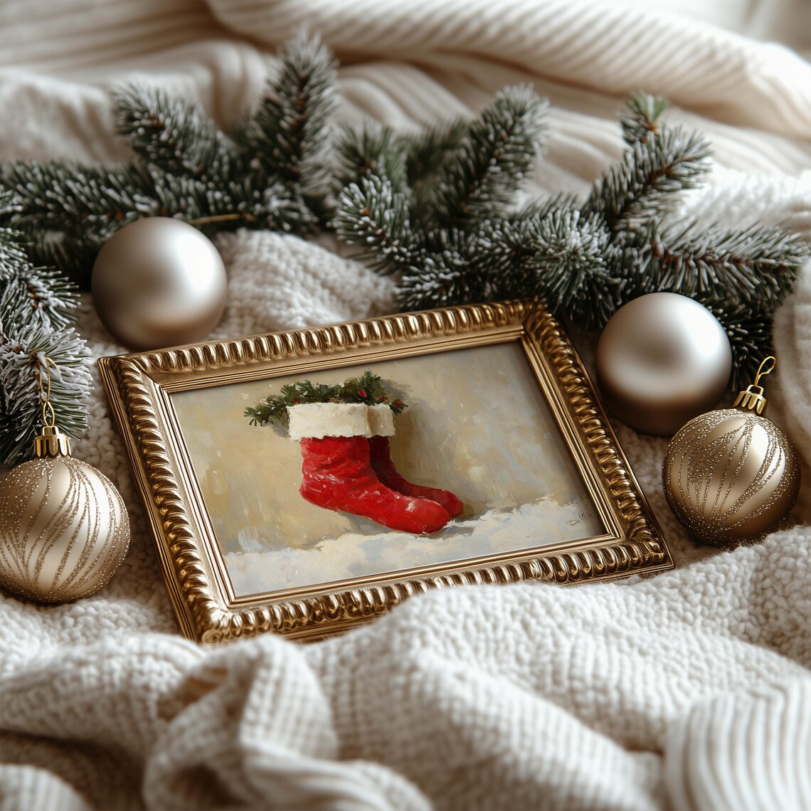 Red Christmas Stocking With Greenery Vintage Farmhouse Oil Poster - Image 5