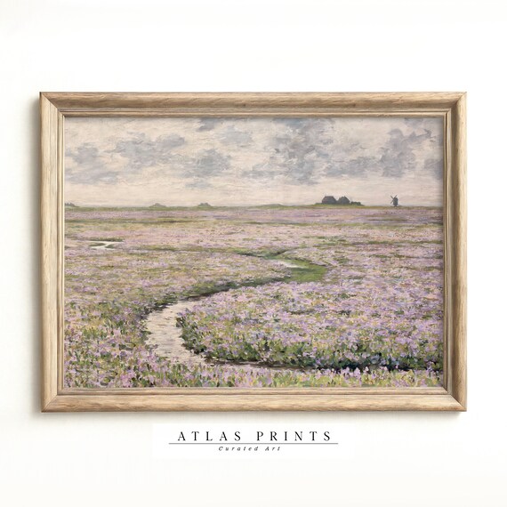 Blooming Heather Field Windmill Stream Vintage Spring Landscape Wall Art