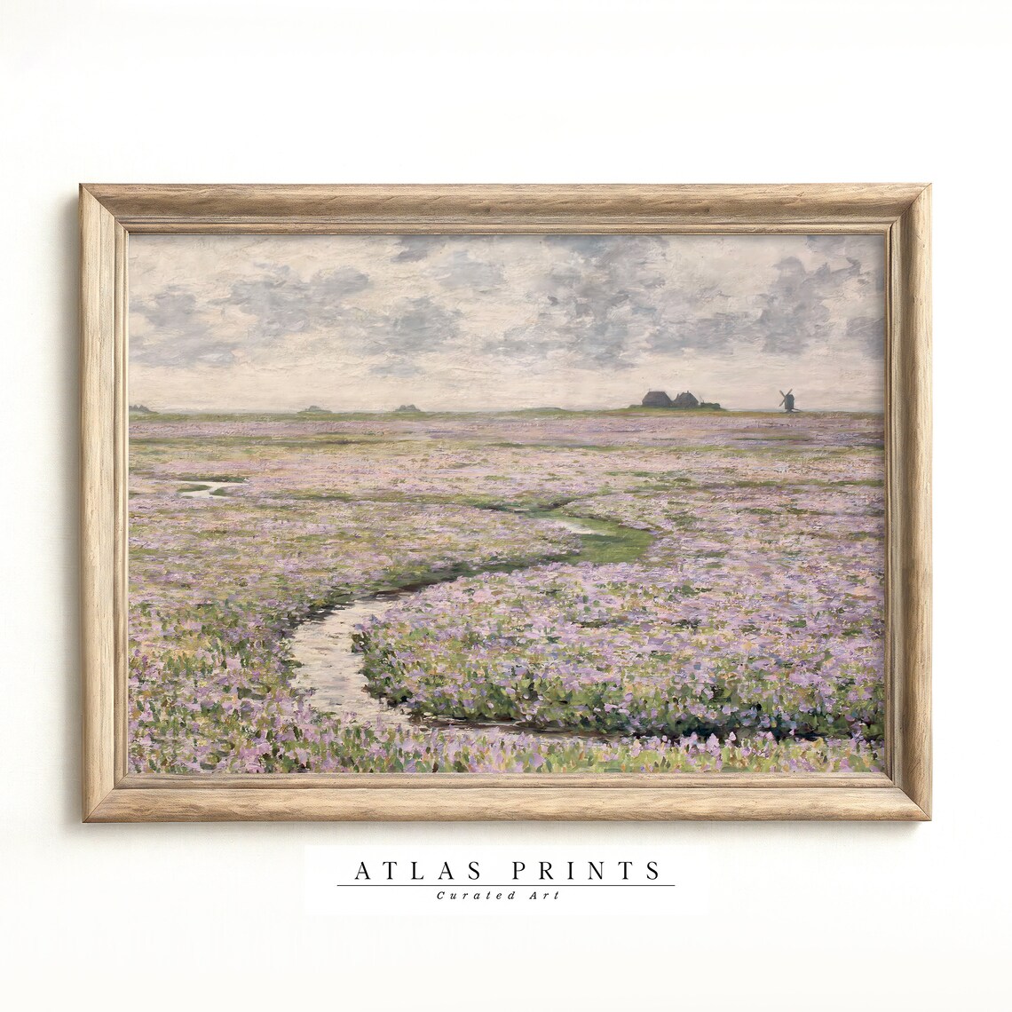 Blooming Heather Field Windmill Stream Vintage Spring Landscape Wall Art