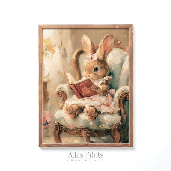 Easter Bunny Reading A Book Print Vintage Spring Rabbit Wall Art Nursery Kids Room Dcor Antique Cute Bunny Painting