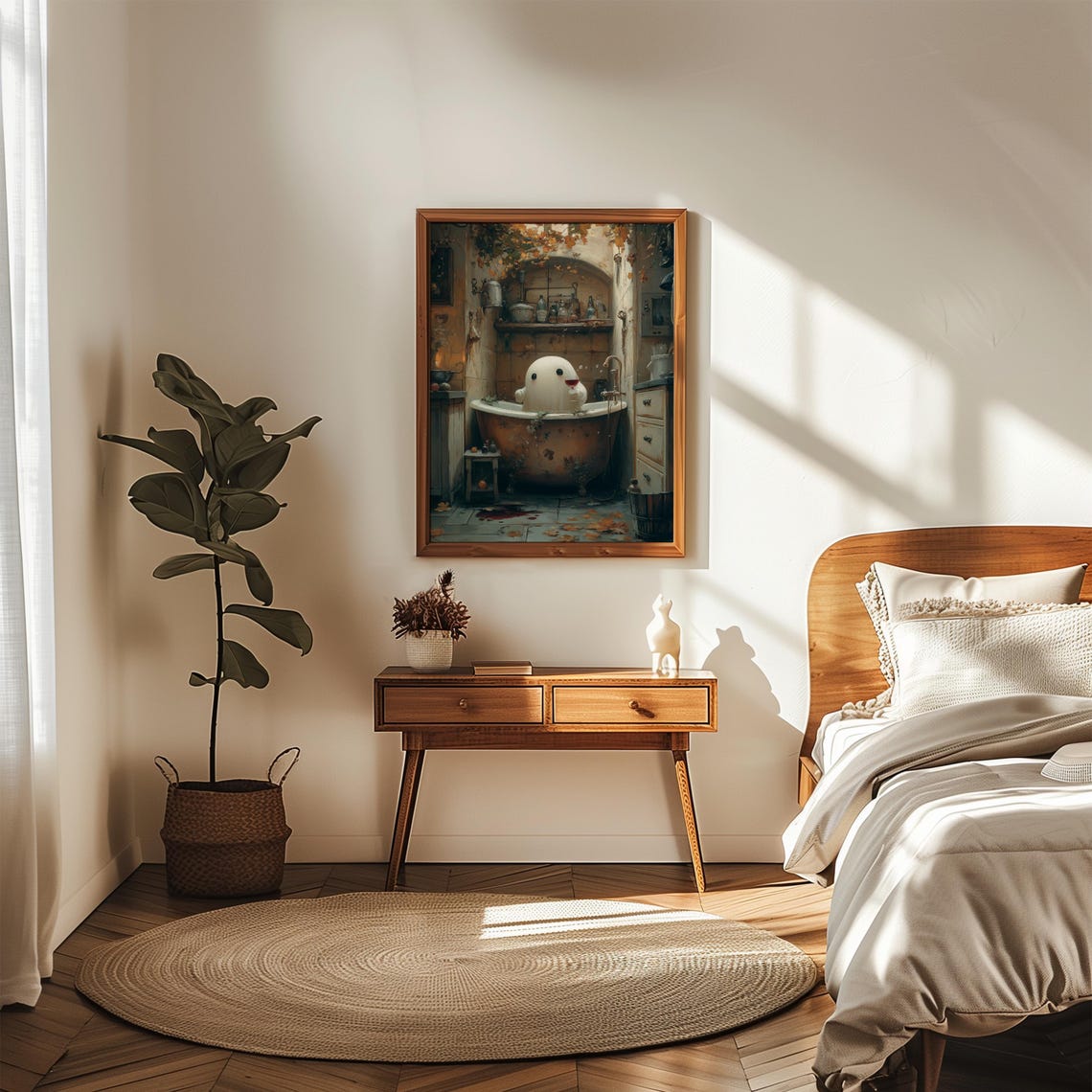 Cute Ghost In Rustic Bathroom Wine Glass Dark Academia Wall Art - Image 5