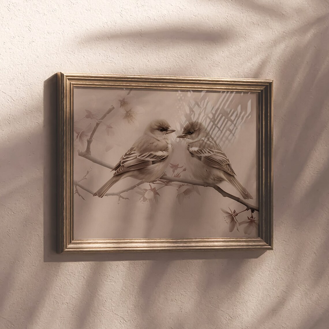 Vintage Lovebird Sketch Pair on Blossom Branch Sepia Wall Poster - Image 3