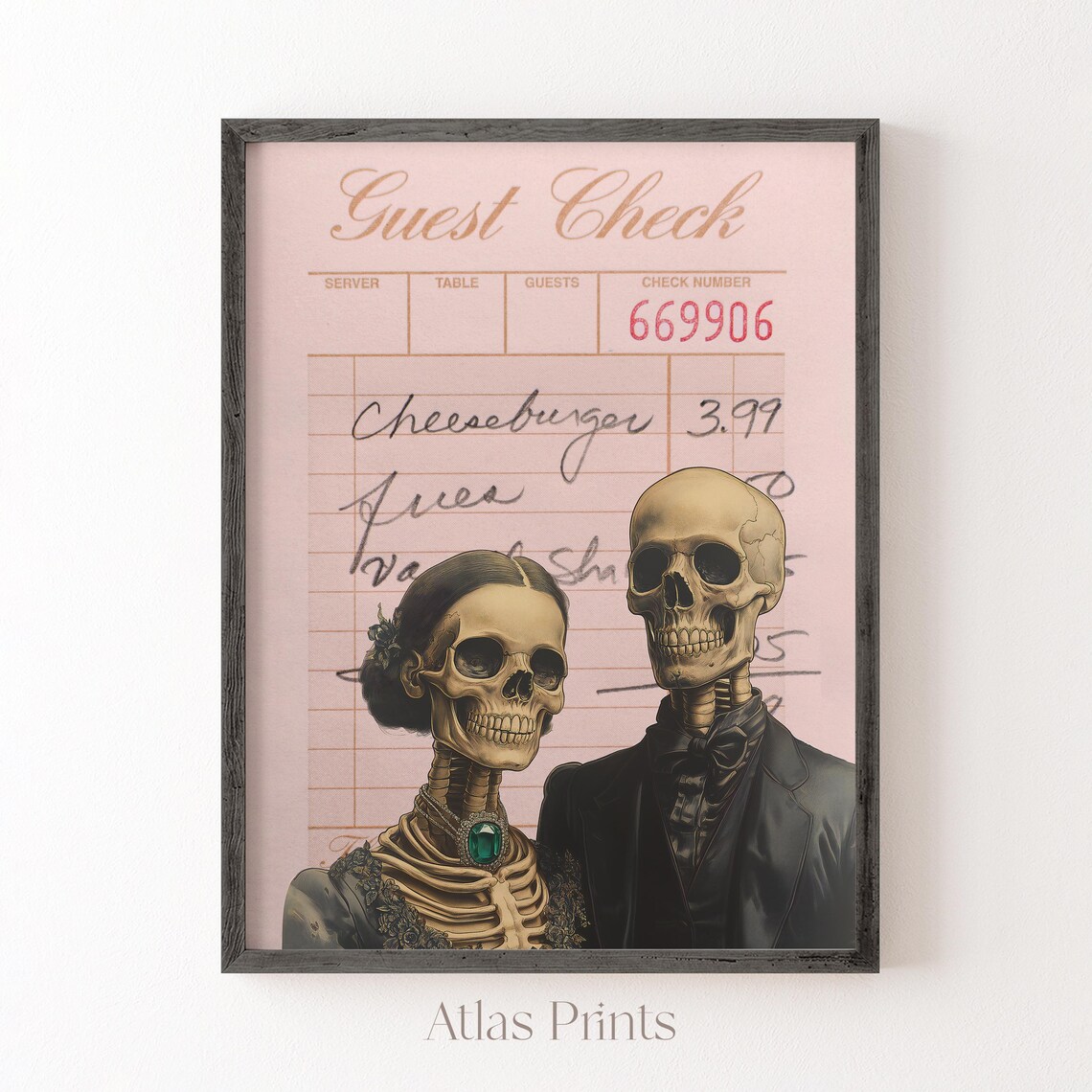 Spooky Skeleton Couple Vintage Guest Check Pink Halloween Dinner Poster - Image 5