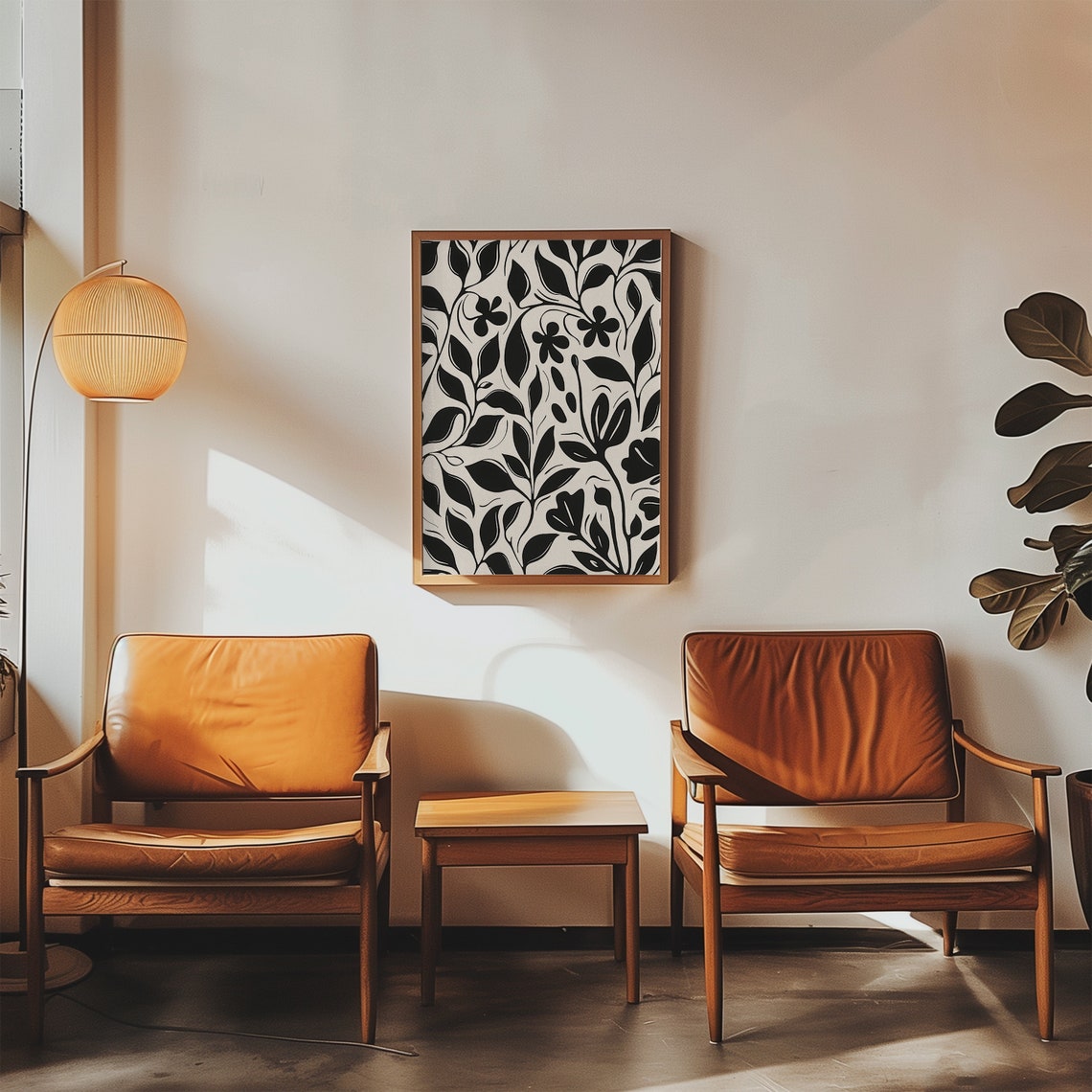 Black Botanical Vine Pattern Beige Scandinavian Neutral Wall Art - Image 5