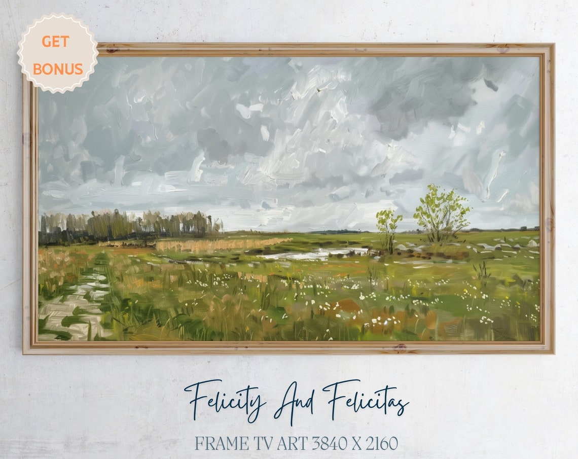 Moody Impressionist Rainy Meadow Green Field Wildflower Poster