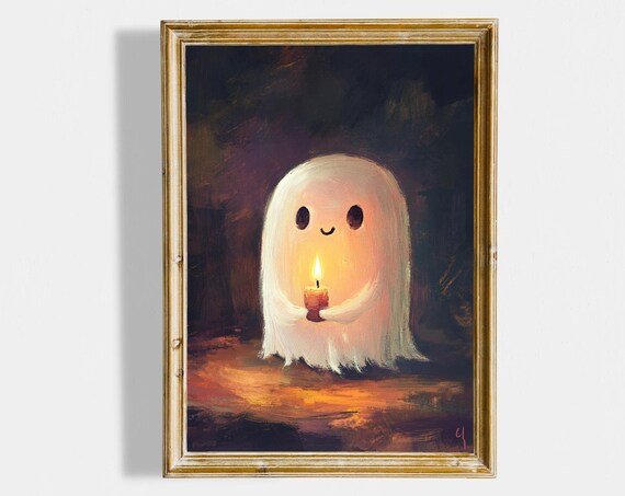 Cute Smiling Ghost Holding a Candle in the Dark Night Poster