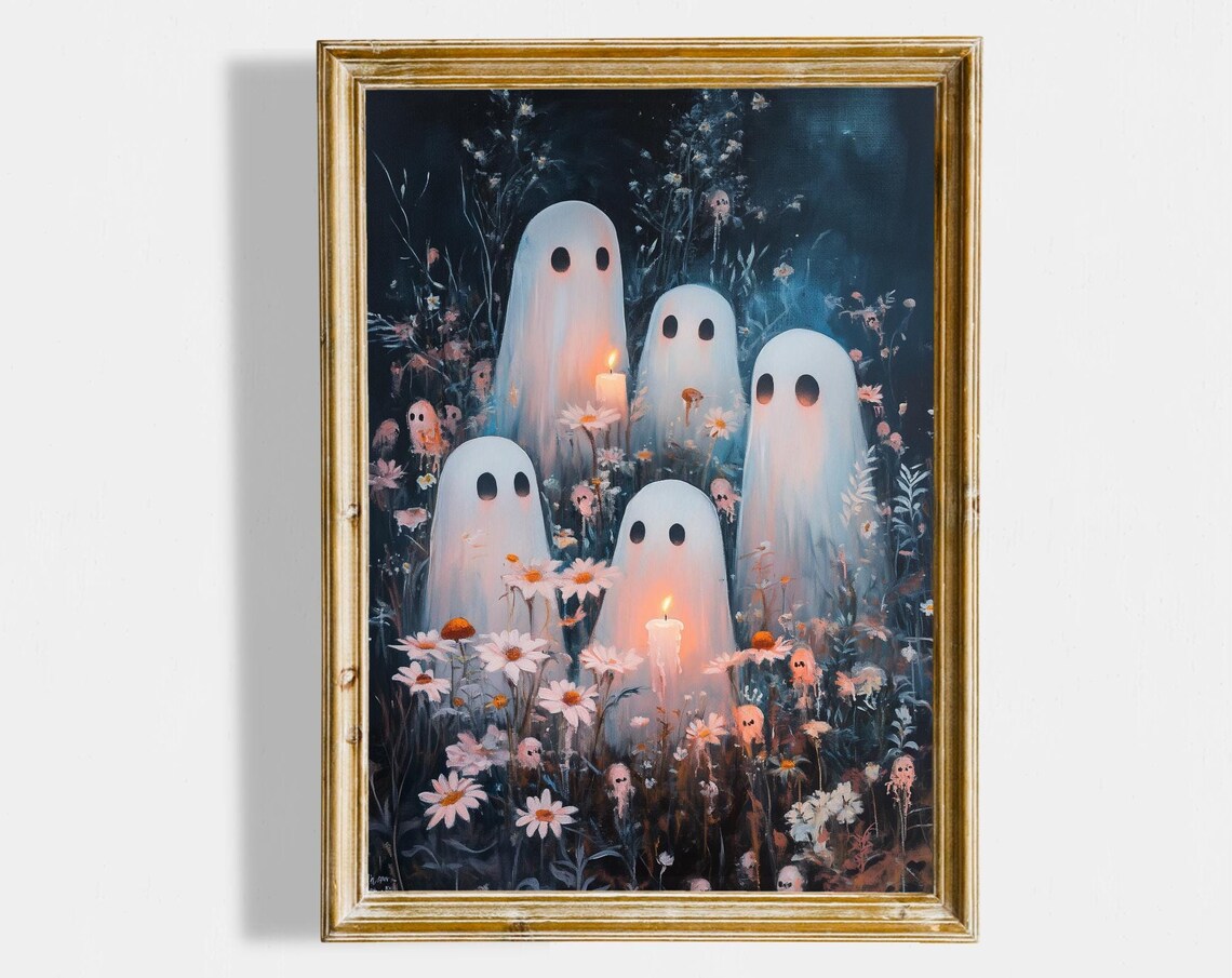 Cute Ghosts Among Flowers with Candles Spooky Night Art Poster