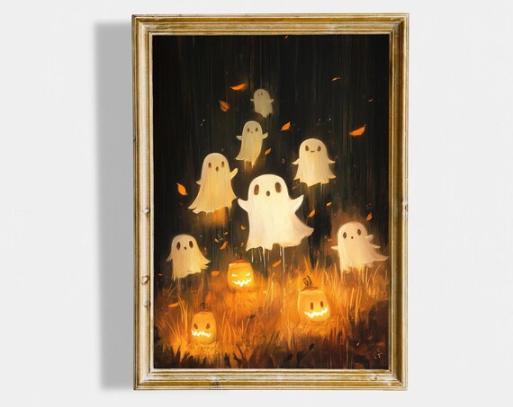 Cute Glowing Ghosts with Jack O Lanterns in Night Field Poster