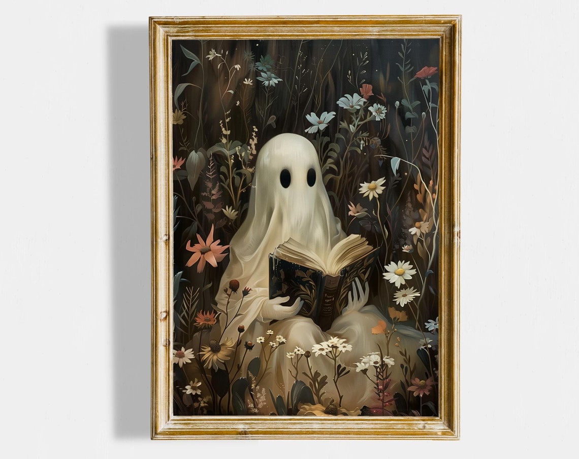 Cute Ghost Reading Book Among Dark Flowers Halloween Wall Art