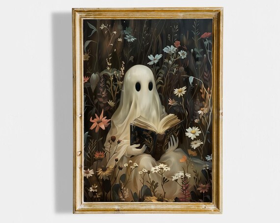 Cute Ghost Reading Book Among Dark Flowers Halloween Wall Art