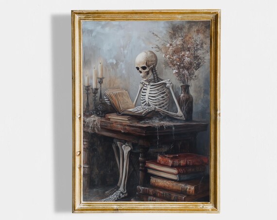 Skeleton Reading Book at Candlelit Desk Dark Academia Halloween Art Poster