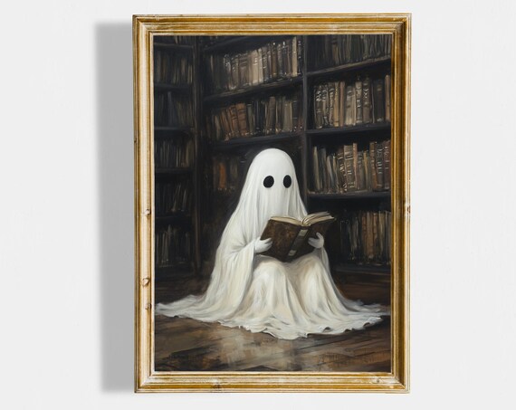 Cute Ghost Reading Book Dark Library Shelves Halloween Wall Art