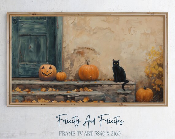 Black Cat Porch Steps Pumpkins Jack O Lantern Fall Halloween Wall Art