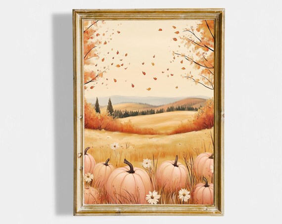 Peachy Autumn Meadow with Pumpkins Daisies and Falling Leaves Poster