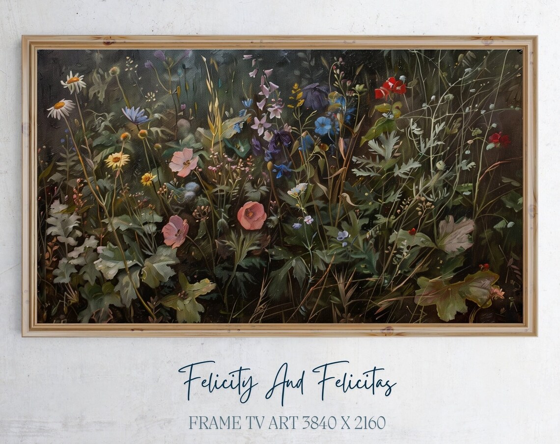 Wildflower Meadow On Dark Moody Vintage Botanical Painting Poster