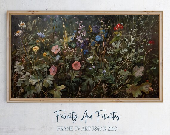 Wildflower Meadow On Dark Moody Vintage Botanical Painting Poster