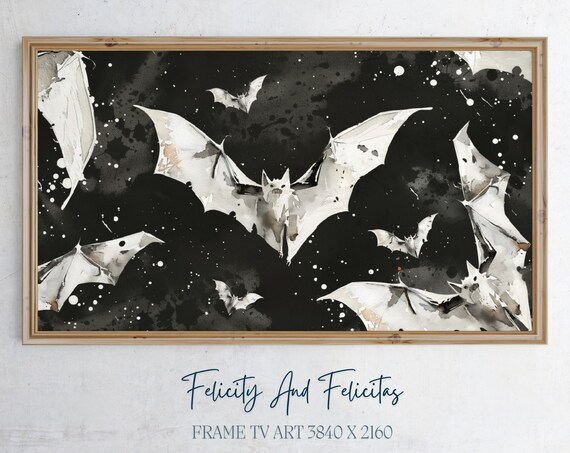 Black and White Watercolor Bats Flying in Night Sky Art Poster