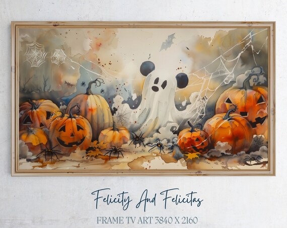 Cute Ghost with Jack O Lanterns Spiders and Webs Halloween Poster