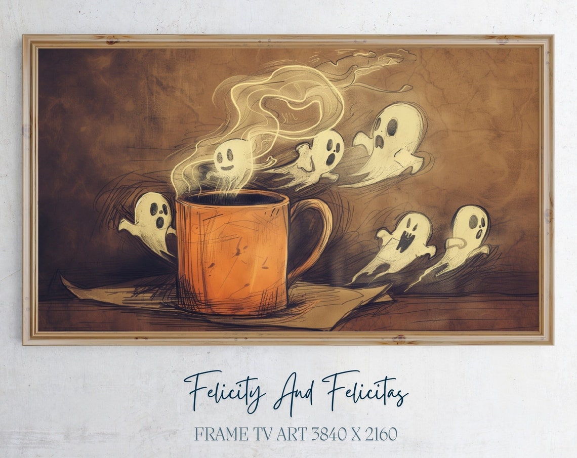 Funny Halloween Ghost Frame Tv Art Cute Ghost Coffee Mug Frame Tv Art Spooky Season Screensaver