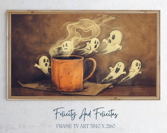 Funny Halloween Ghost Frame Tv Art Cute Ghost Coffee Mug Frame Tv Art Spooky Season Screensaver