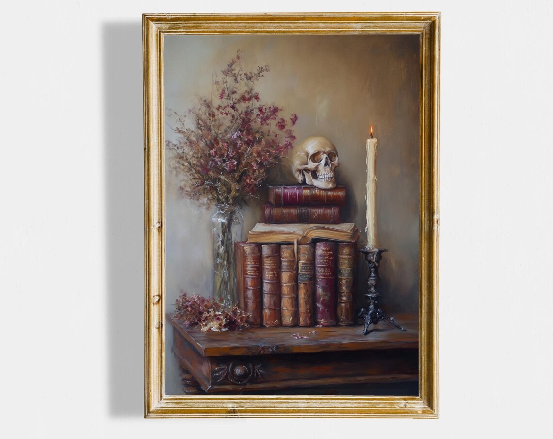 Skull on Vintage Books with Candle Dark Still Life Halloween Wall Art