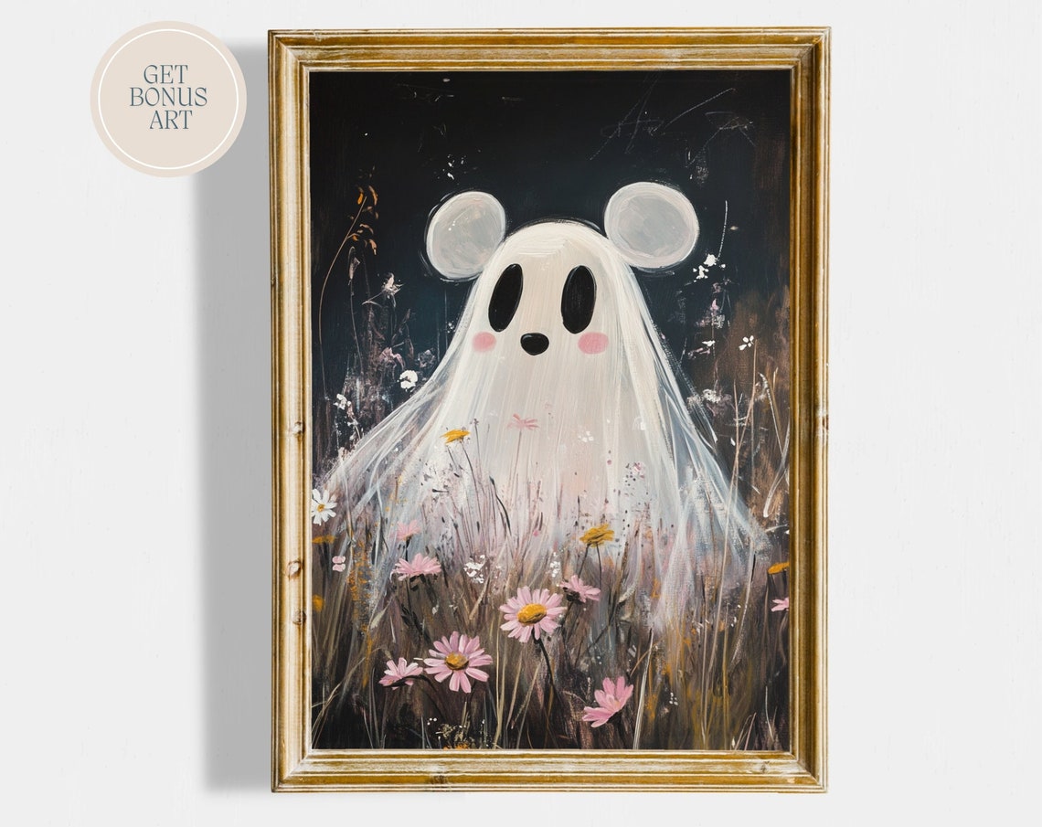 Cute Mouse Ghost Dark Wildflower Meadow Spooky Season Wall Art