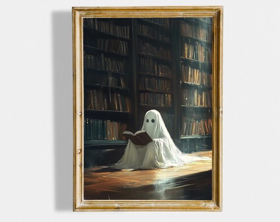 Ghost Reading Book Dark Library Halloween Cottagecore Wall Art