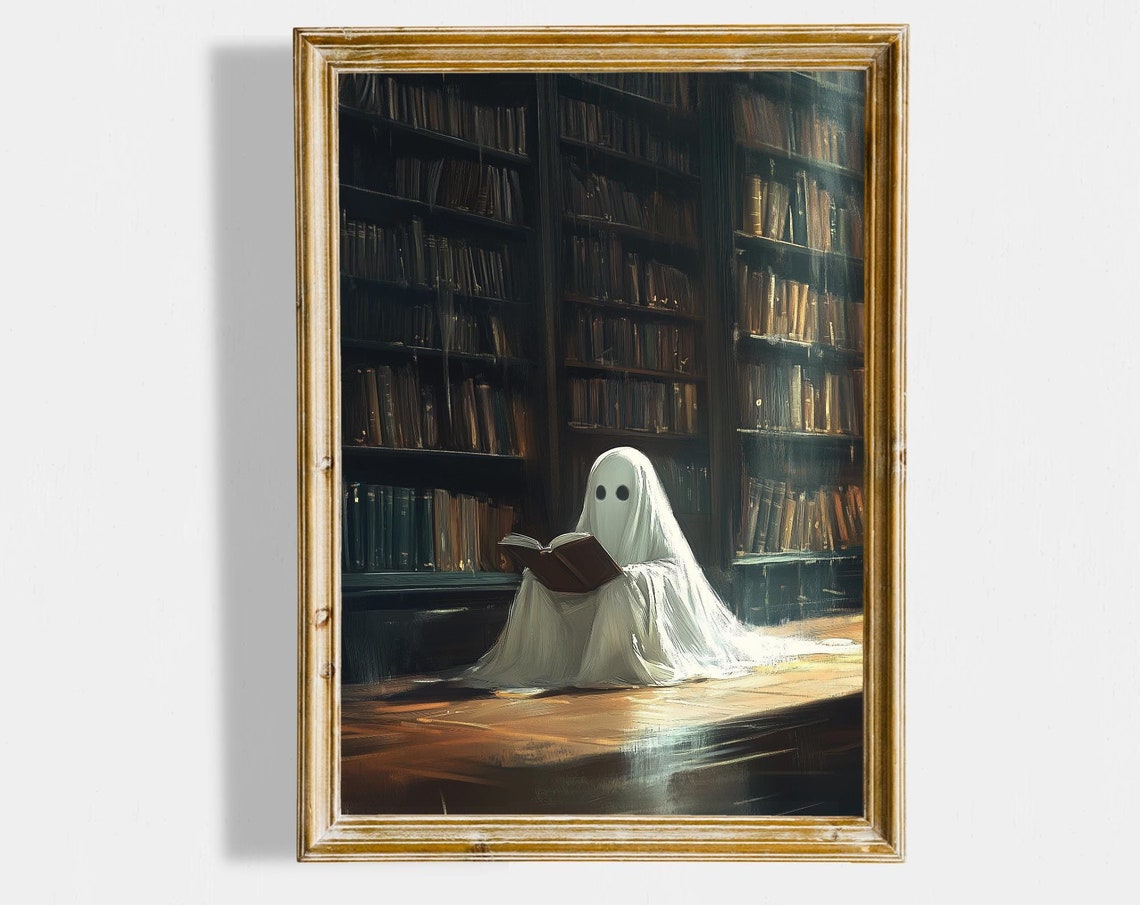 Ghost Reading Book Dark Library Halloween Cottagecore Wall Art