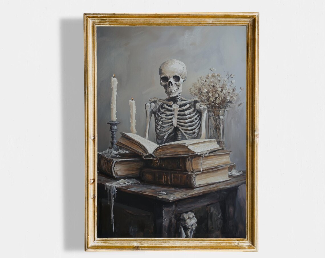 Skeleton Behind Stack of Old Books Candles Moody Dark Academia Art Poster