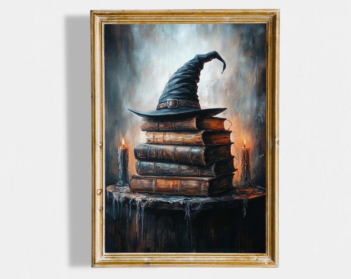 Witch Hat on Stack of Old Spell Books with Candles Dark Poster