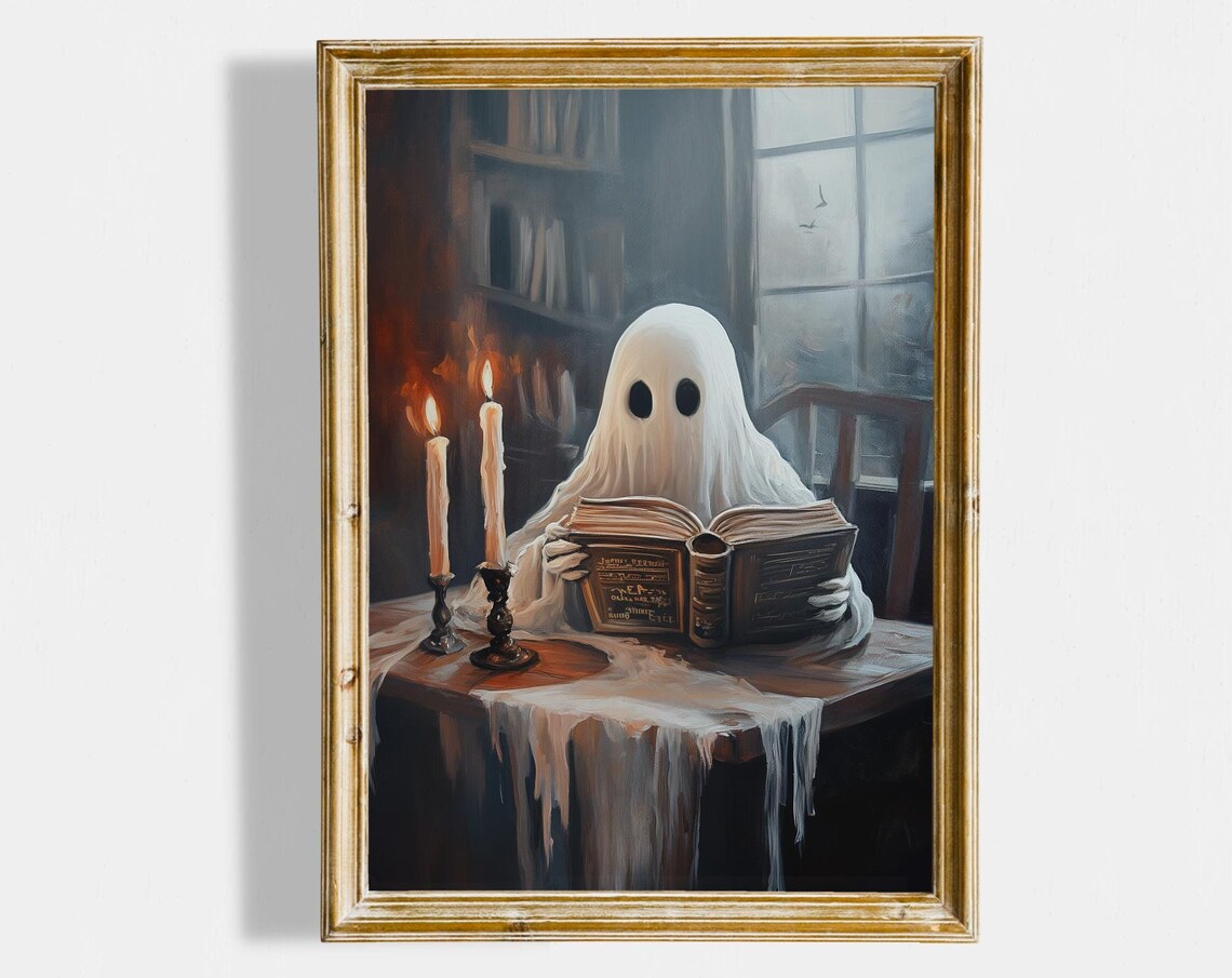 Cute Ghost Reading Book Candlelit Library Dark Academia Halloween Art Poster