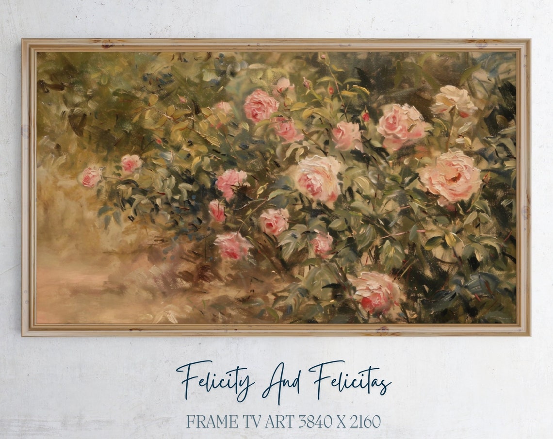 Impressionist Pink Roses Garden Bush Oil Painting Romantic Wall Art