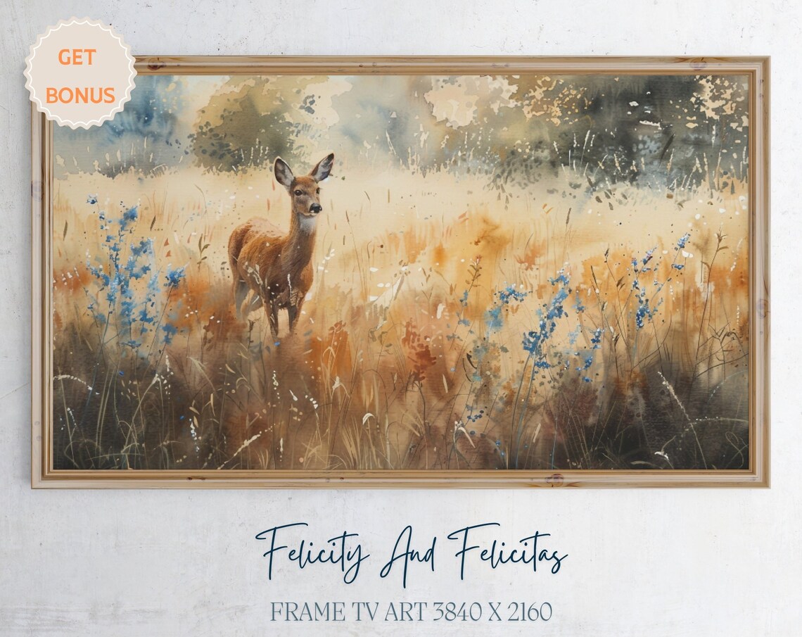 Deer in Golden Autumn Meadow Watercolor Blue Wildflower Art Poster