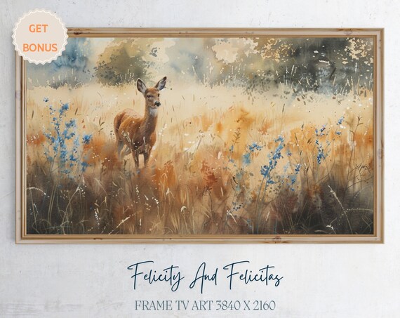 Deer in Golden Autumn Meadow Watercolor Blue Wildflower Art Poster