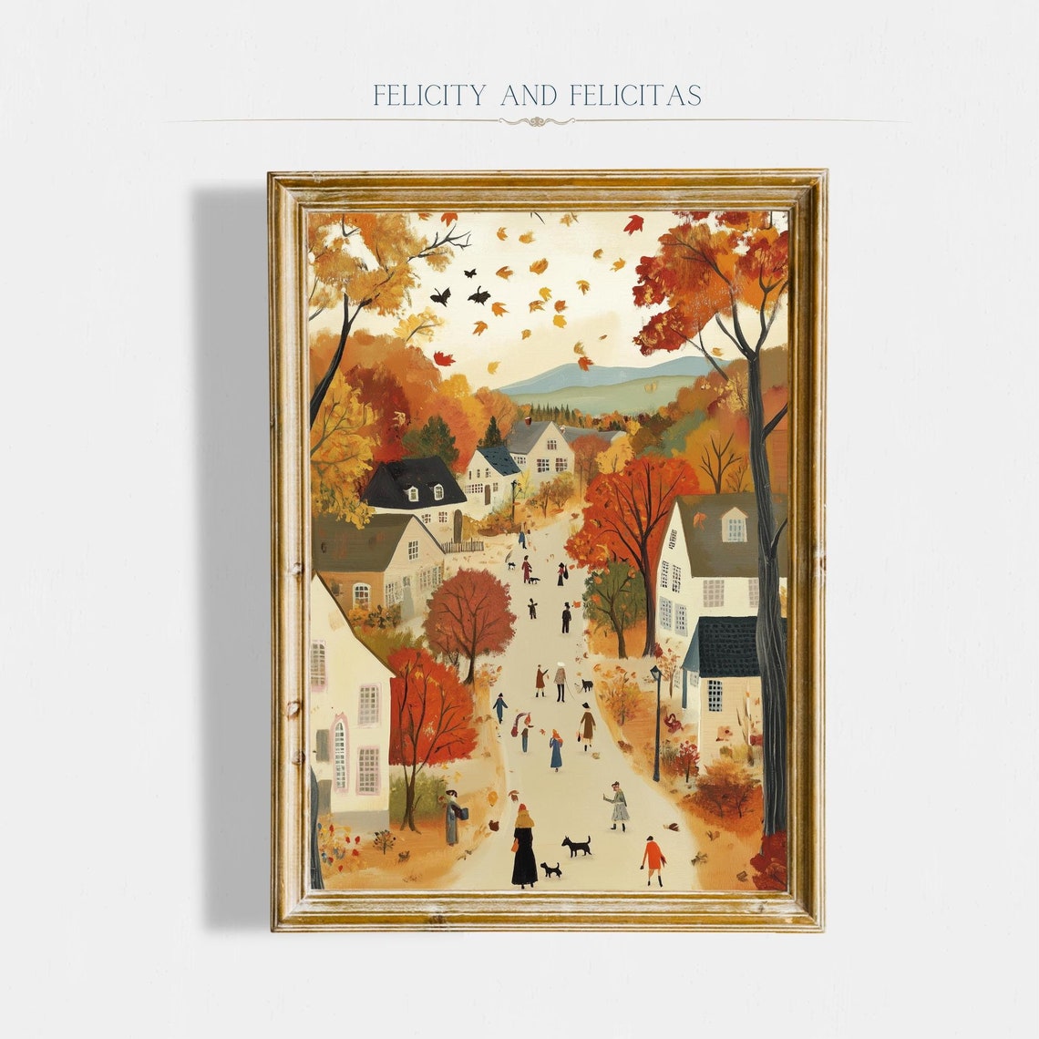 Cozy Autumn Village Road With Orange Trees Falling Leaves Poster