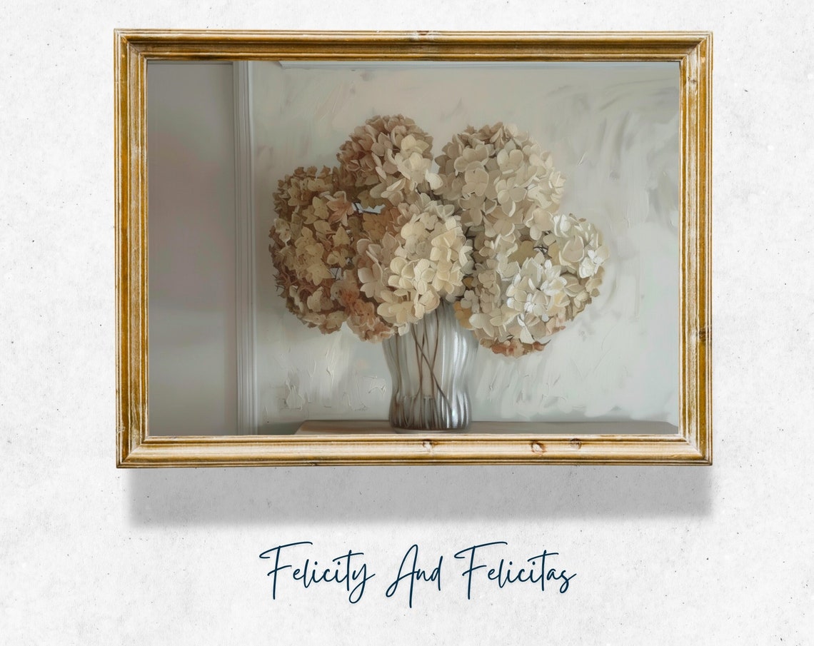 Muted Neutral Hydrangeas Glass Vase Vintage Botanical Wall Art