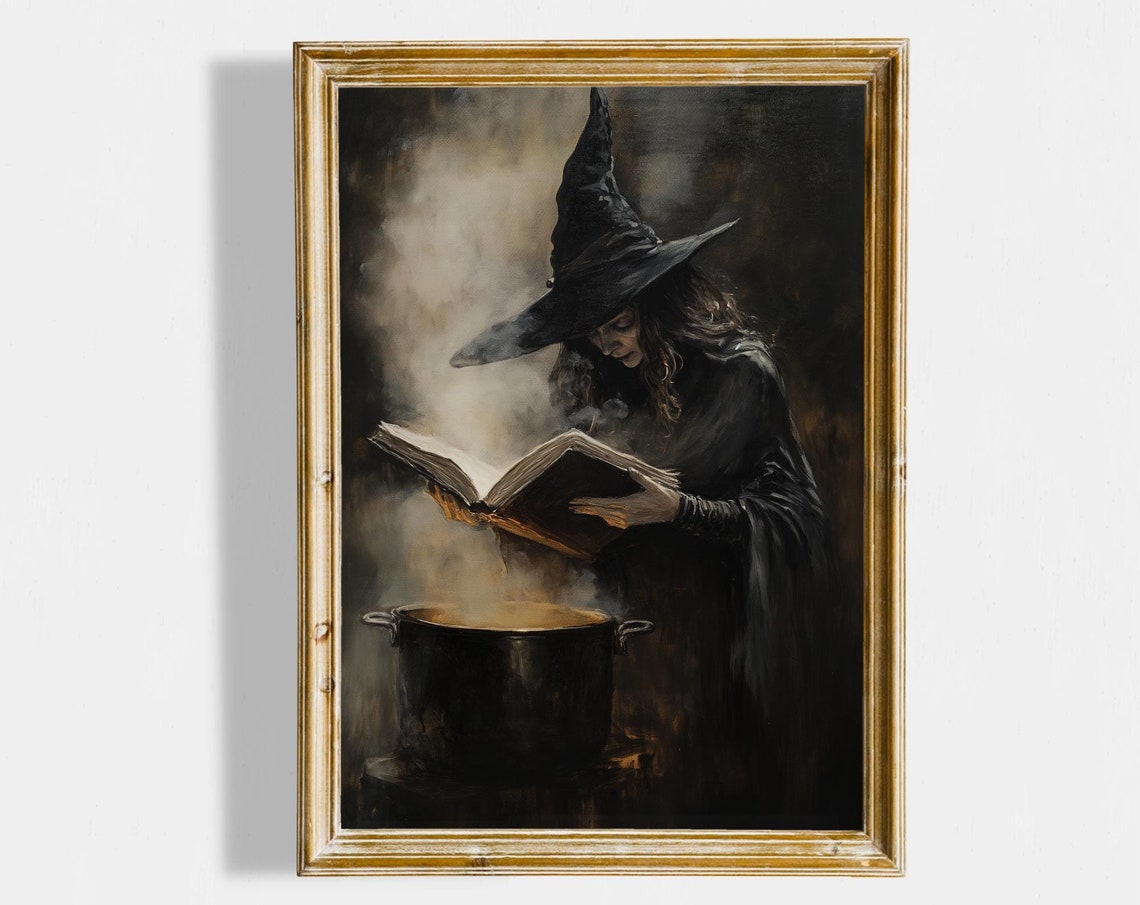 Dark Vintage Witch Reading Spellbook Cauldron Halloween Wall Art