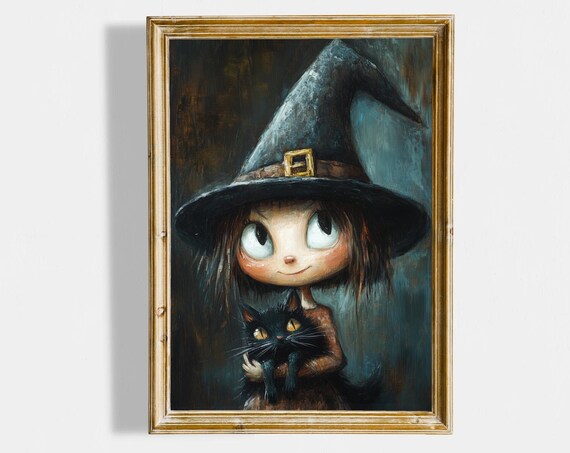 Cute Little Witch Holding Black Cat Big Eyes Spooky Halloween Portrait Poster