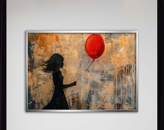 Girl Silhouette Holding a Red Balloon on Aged Plaster Poster Art