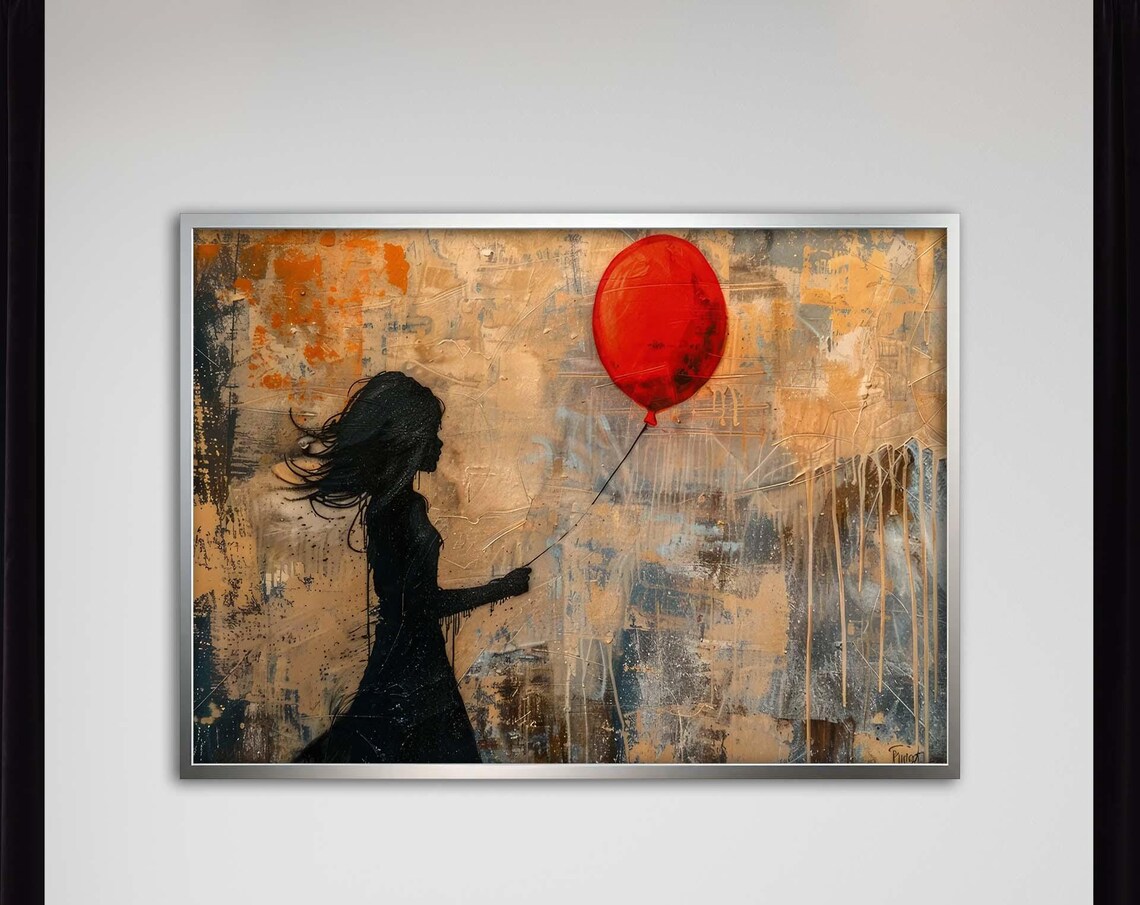 Girl Silhouette Holding a Red Balloon on Aged Plaster Poster Art