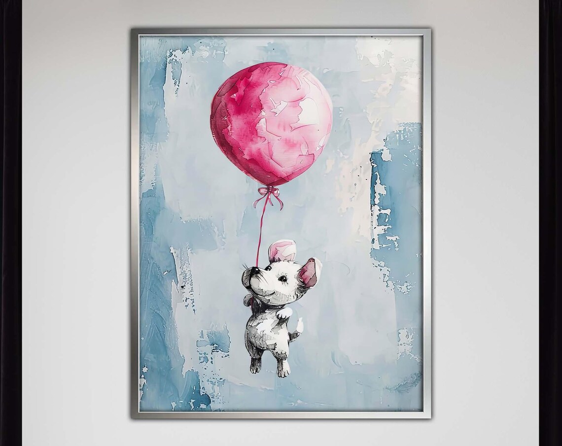 Cute Puppy Floating With Pink Balloon Watercolor Nursery Poster