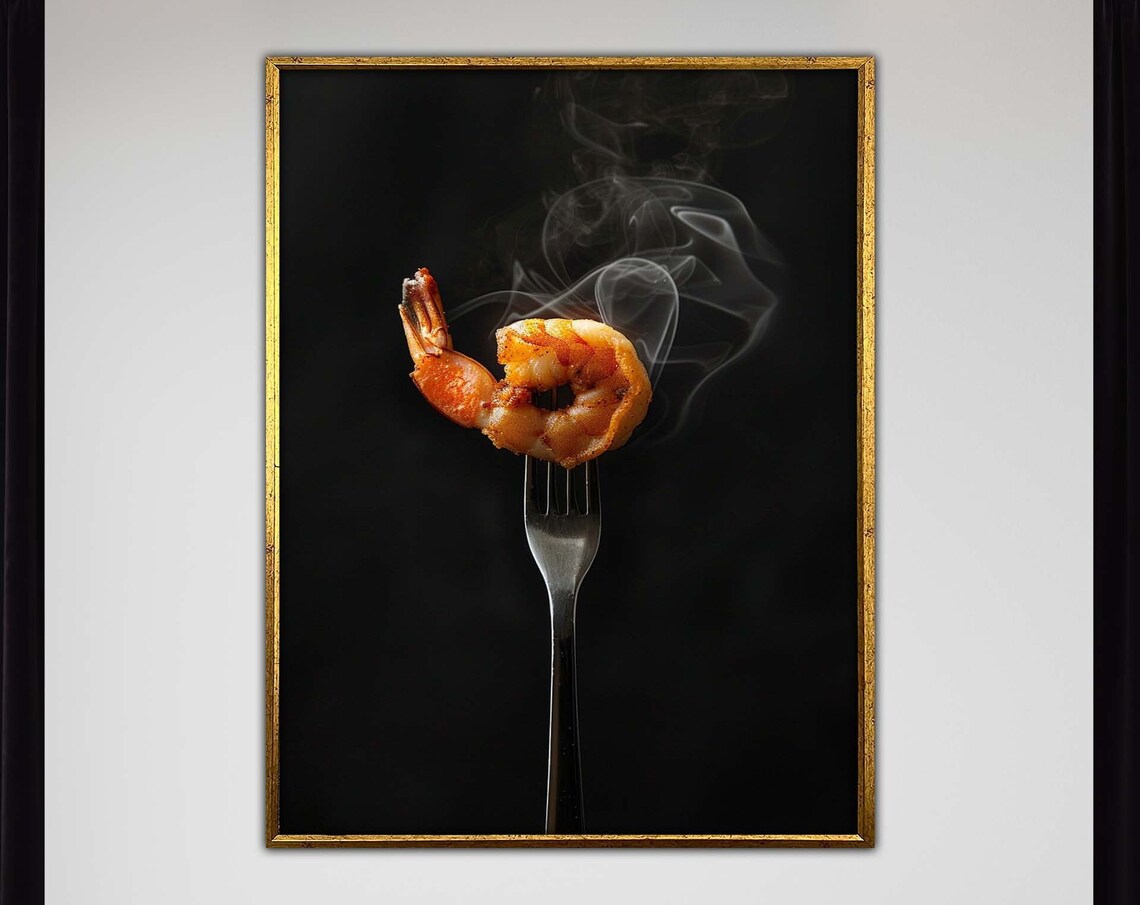 Smoky Grilled Shrimp on Fork Gourmet Food Black Background Kitchen Poster