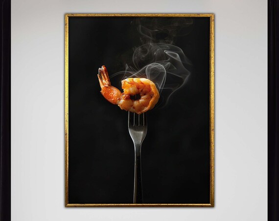 Smoky Grilled Shrimp on Fork Gourmet Food Black Background Kitchen Poster