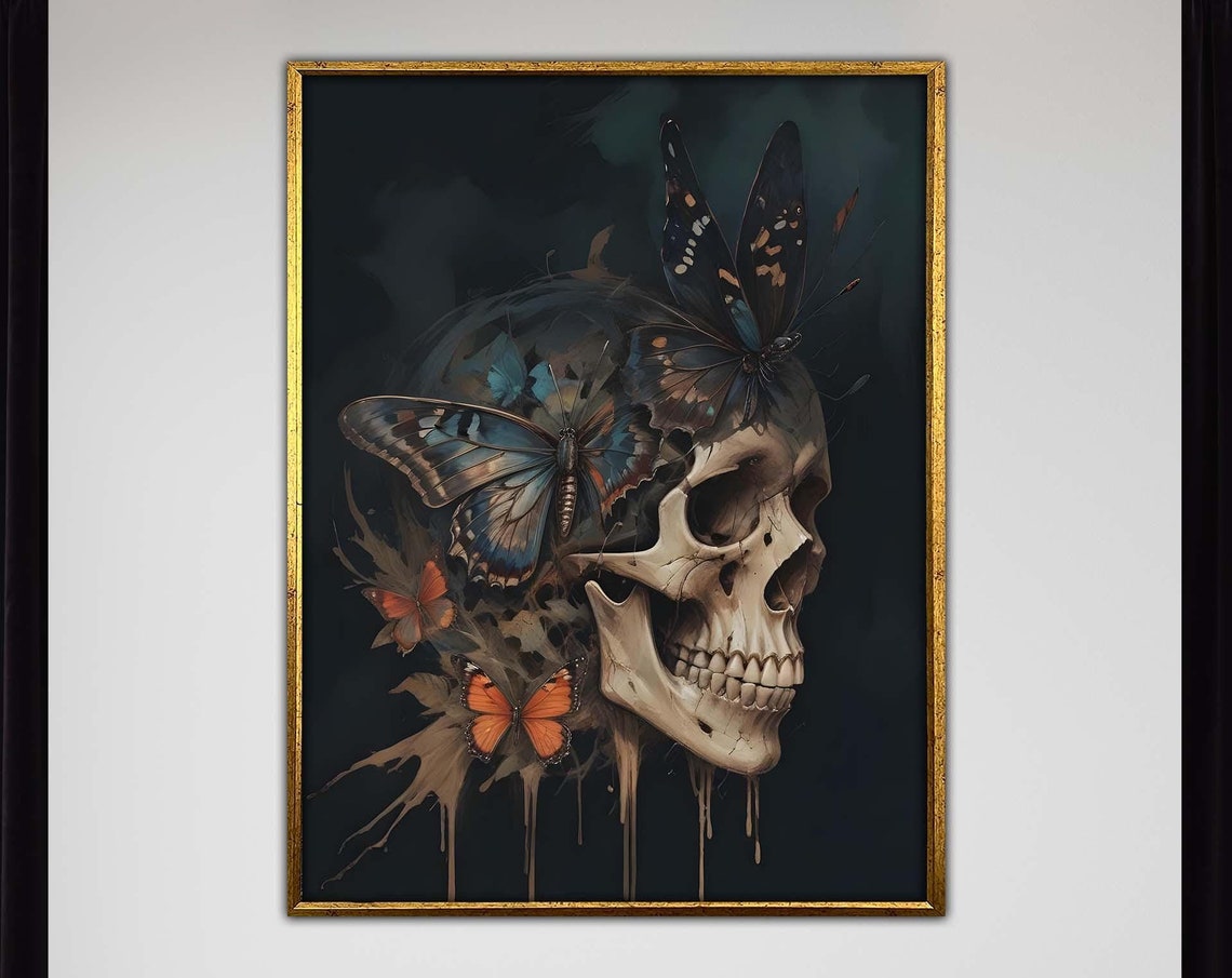 Skull Wall Art And Butterflies Surreal Gothic Canvas Dark Fantasy Macabre Elegance Decor Ready To Hang