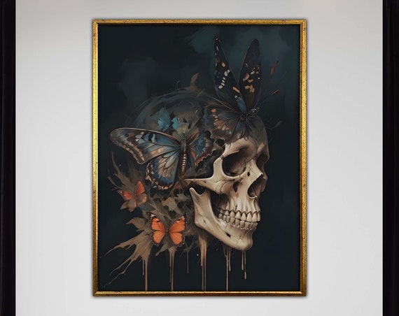 Skull Wall Art And Butterflies Surreal Gothic Canvas Dark Fantasy Macabre Elegance Decor Ready To Hang