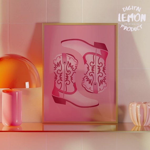 Pink Cowboy Boots Wall Art Retro Western Poster Mid Century Modern Decor Vibrant Artwork For Home
