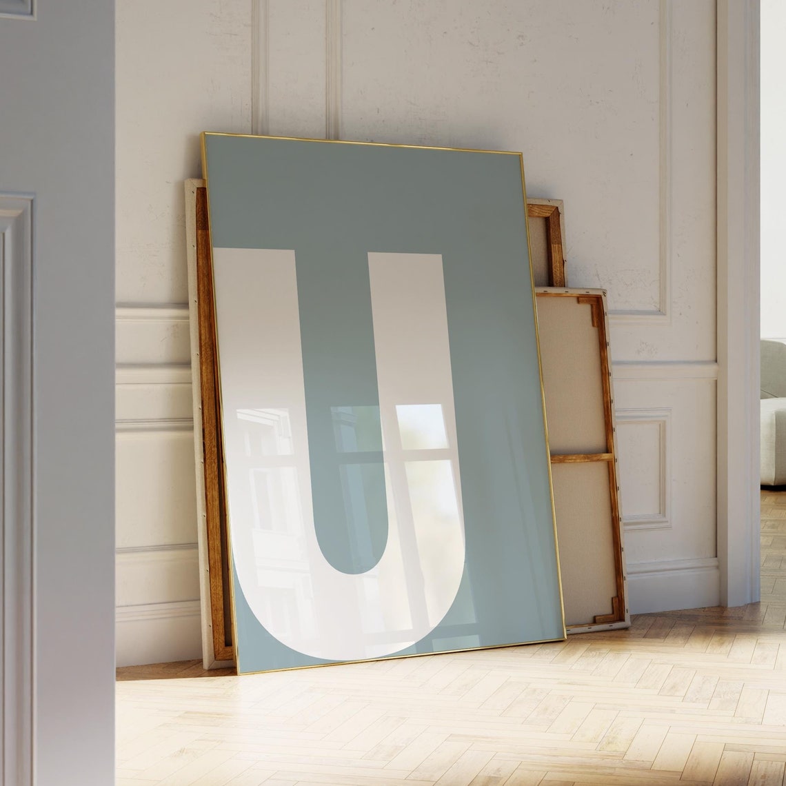 Letter U Monogram Poster Bold White Initial Alphabet Art on Soft Blue