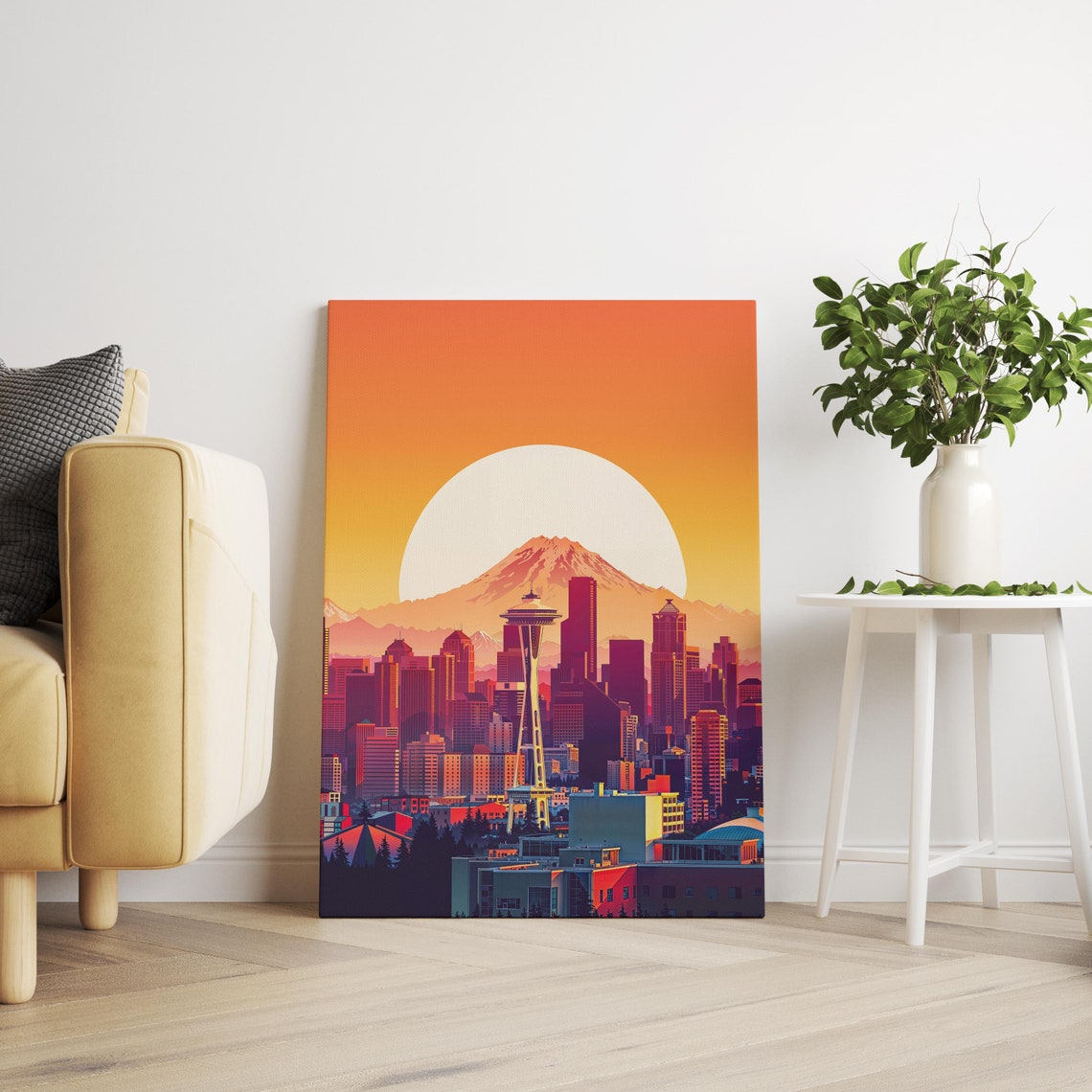 Seattle Skyline at Sunset With Space Needle and Mount Rainier Poster