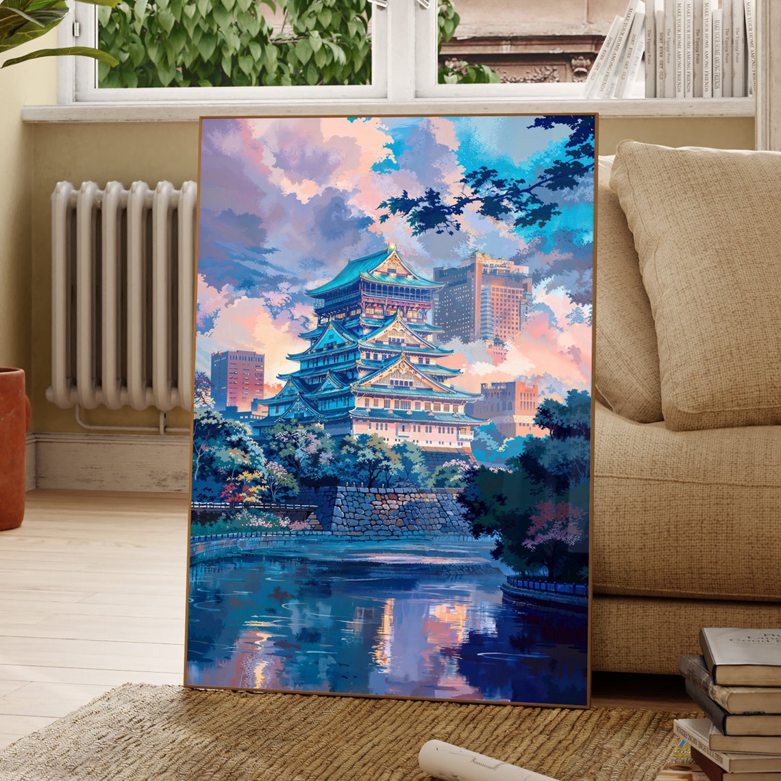 Osaka Castle Anime Poster with Pink Dusk Sky and Moat Reflection Art