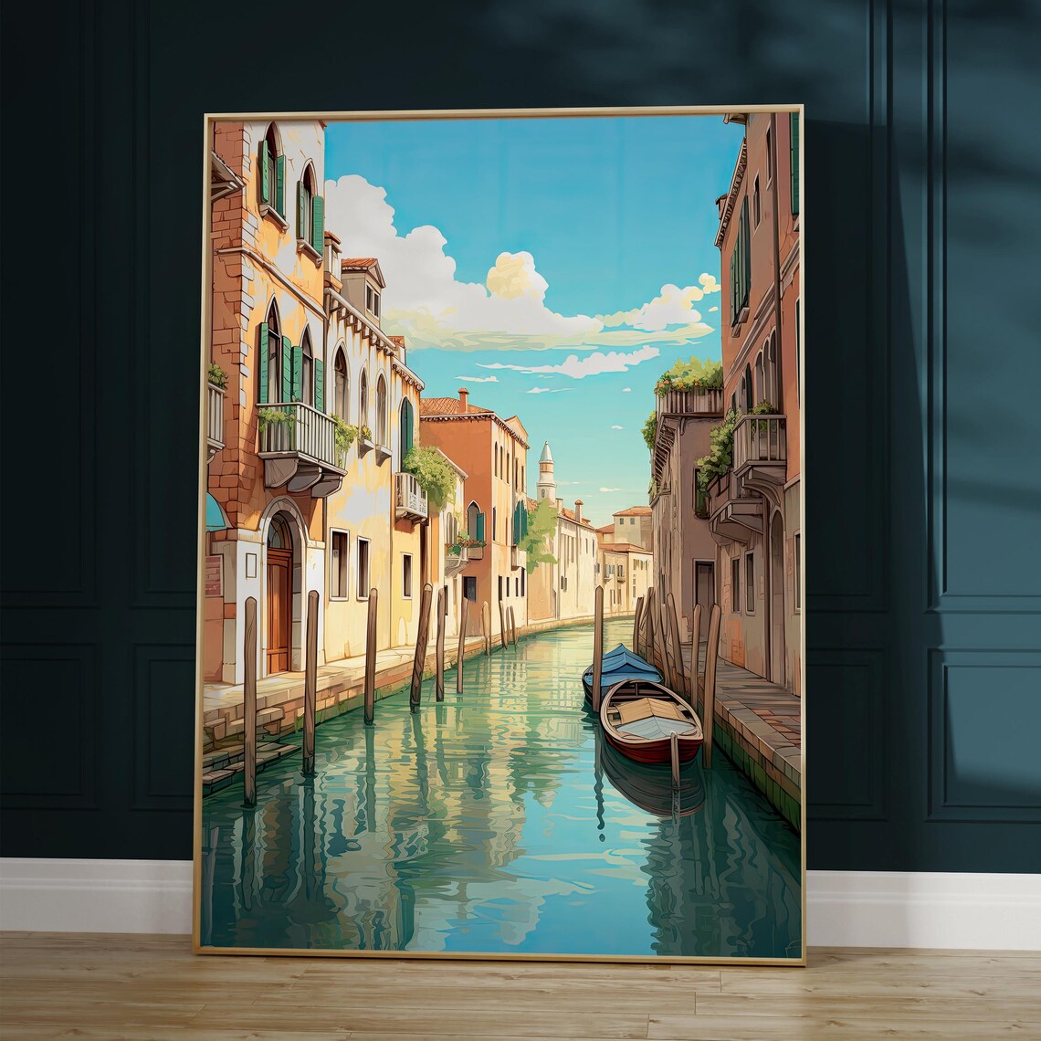 Venice Canal Anime Poster with Boats and Colorful Italian Buildings